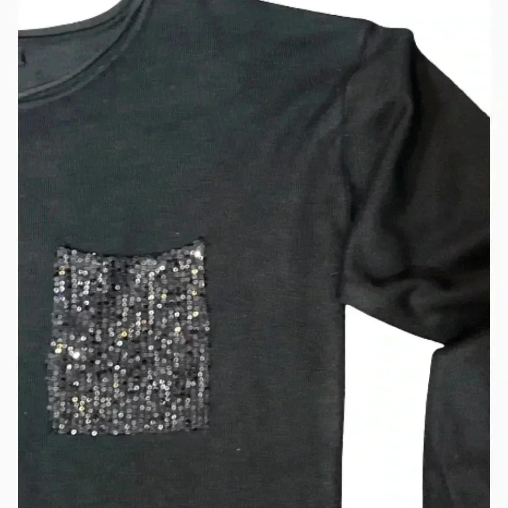 CABLE & GAUGE BLACK TUNIC  SWEATER LONG‎ SLEEVES SPARKLE POCKET SIZE MEDIUM NWT - Picture 2 of 9